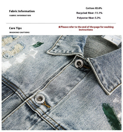 Unisex Washed Graffiti Ripped Denim Jacket - Retro