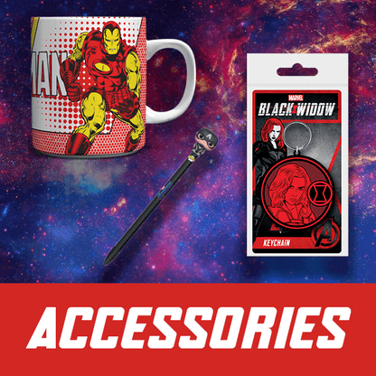 Marvel-themed mug, pen, and keychain on a cosmic background with 'ACCESSORIES' text.