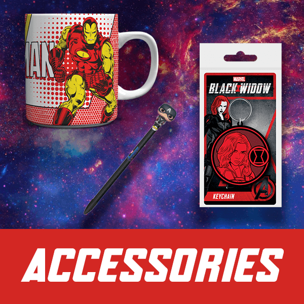 Marvel-themed mug, pen, and keychain on a cosmic background with 'ACCESSORIES' text.