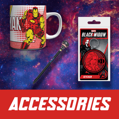 Marvel-themed mug, pen, and keychain on a cosmic background with 'ACCESSORIES' text.