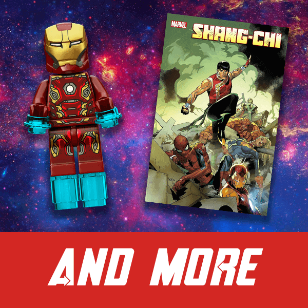 Toy figure of Iron Man next to a comic book cover of Shang-Chi on a cosmic background with 'And More' text.