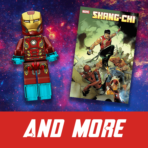 LEGO Iron Man figure next to a Marvel Shang-Chi comic book on a colorful background with 'And More' text.