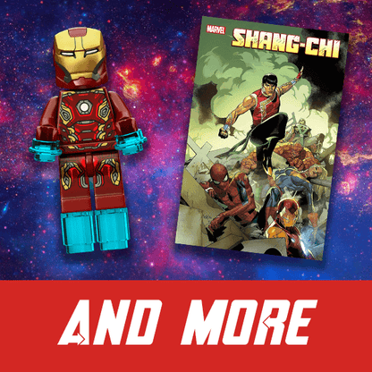 LEGO Iron Man figure next to a Marvel Shang-Chi comic book on a colorful background with 'And More' text.