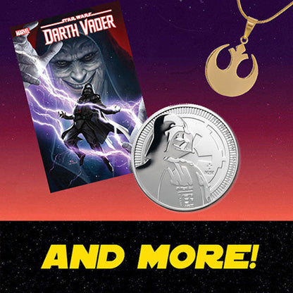 Star Wars-themed merchandise including a comic book, coin, and necklace on a gradient background.