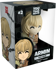 Boxed vinyl figure of Armin from You Tooz with character illustration on the side.