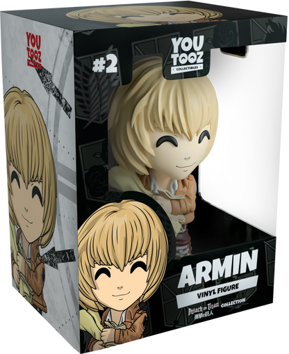 Boxed vinyl figure of Armin from You Tooz with character illustration on the side.