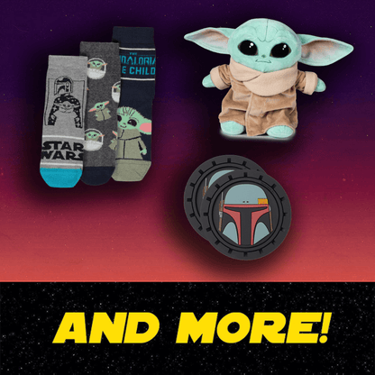 Collection of 'Star Wars' themed items including socks, a plush toy, and a pin on a gradient background.