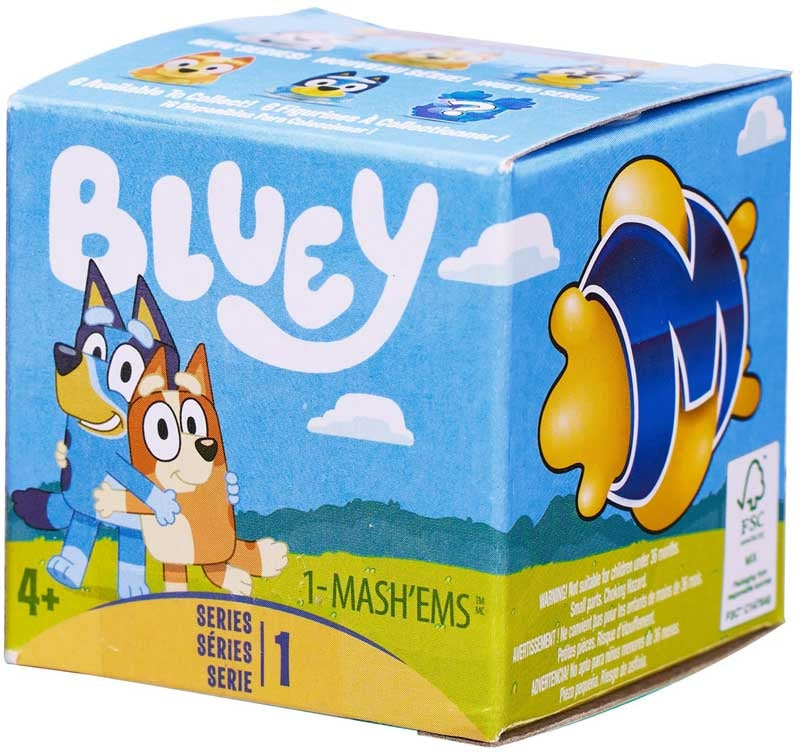 Bluey toy packaging with characters and branding on a blue background