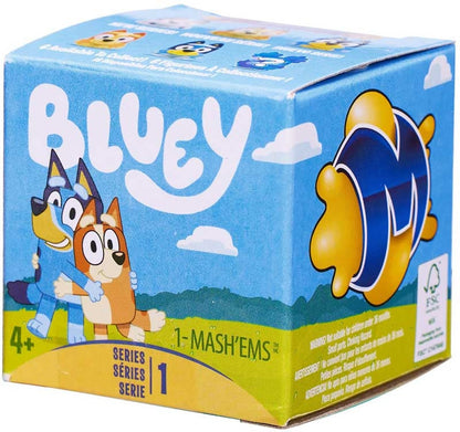 Bluey toy packaging with characters and branding on a blue background