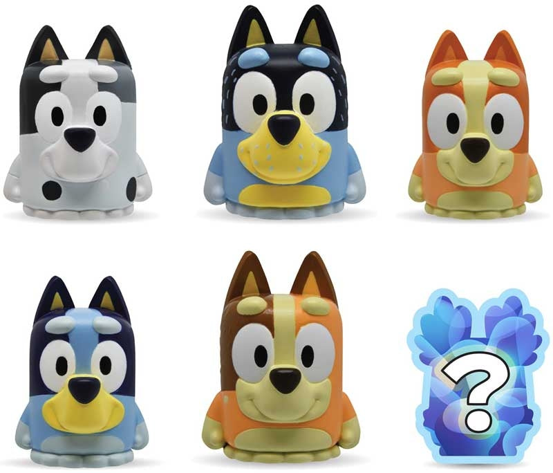 Set of six cartoon dog figurines with a question mark symbol on a white background