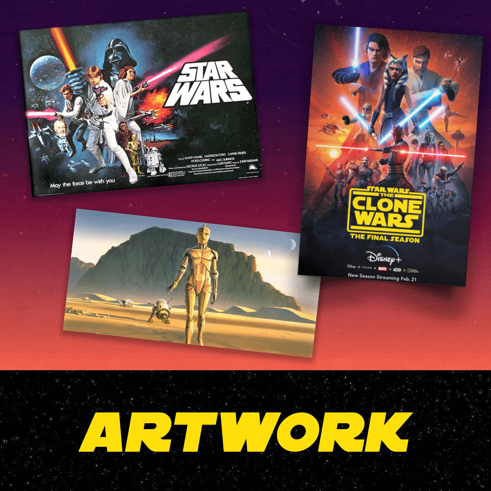 Three 'Star Wars' themed posters on a gradient background with 'Artwork' text.