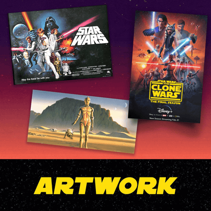 Three 'Star Wars' themed posters on a gradient background with 'Artwork' text.