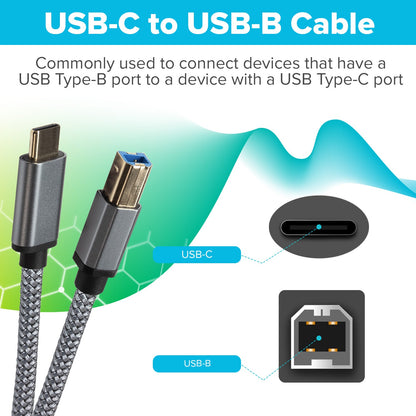 USB-C to USB-B Braided Cable - Grey, 5m