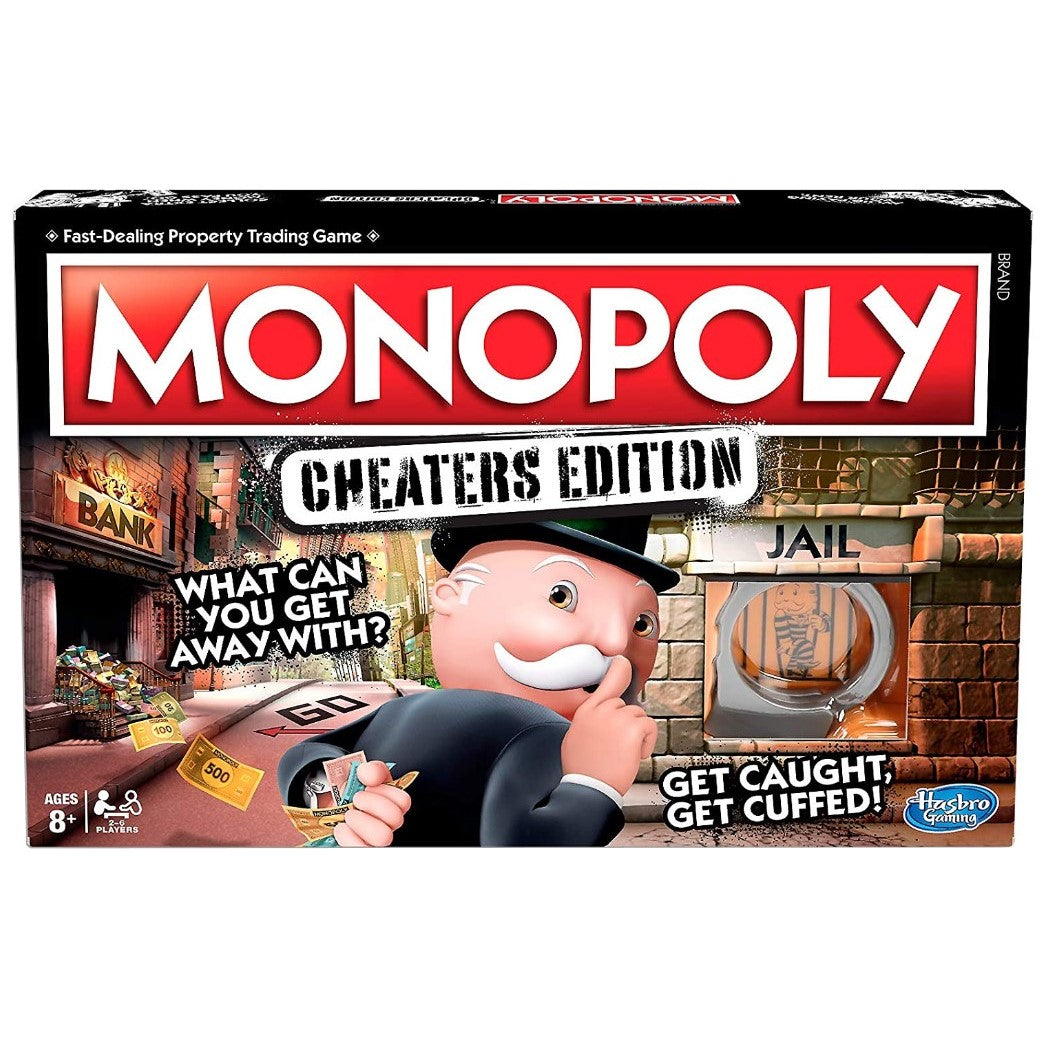 Monopoly Cheaters Edition game box with a man in a top hat and mustache thinking, featuring Hasbro branding.