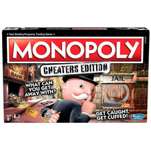 Monopoly Cheaters Edition game box with a man in a top hat and mustache thinking, featuring Hasbro branding.