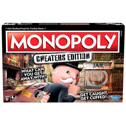Monopoly Cheaters Edition game box with a man in a top hat and mustache thinking, featuring Hasbro branding.