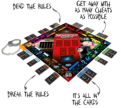 Monopoly game board with text about bending rules and cheats