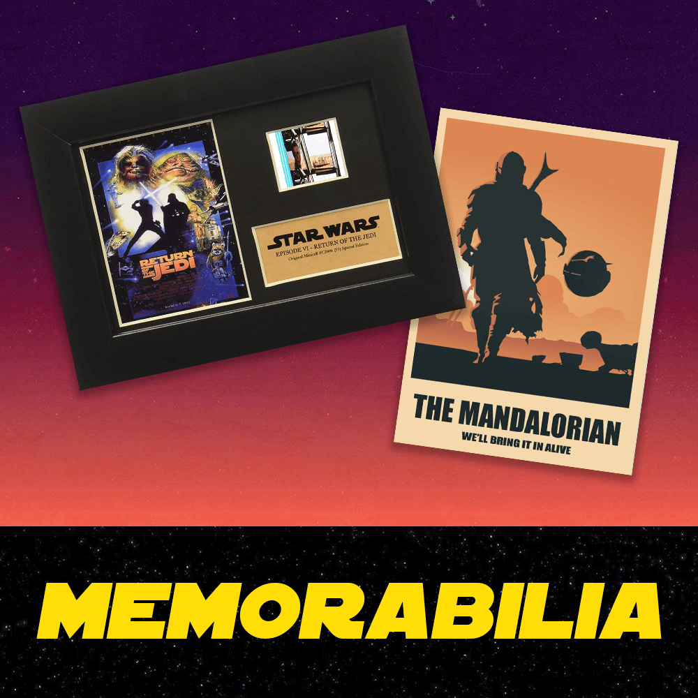 Star Wars memorabilia including a framed poster and a 'The Mandalorian' poster on a gradient background.