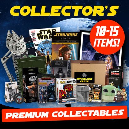 Collection of Star Wars collectibles with 'Snugglers Crate' branding against a space-themed background.