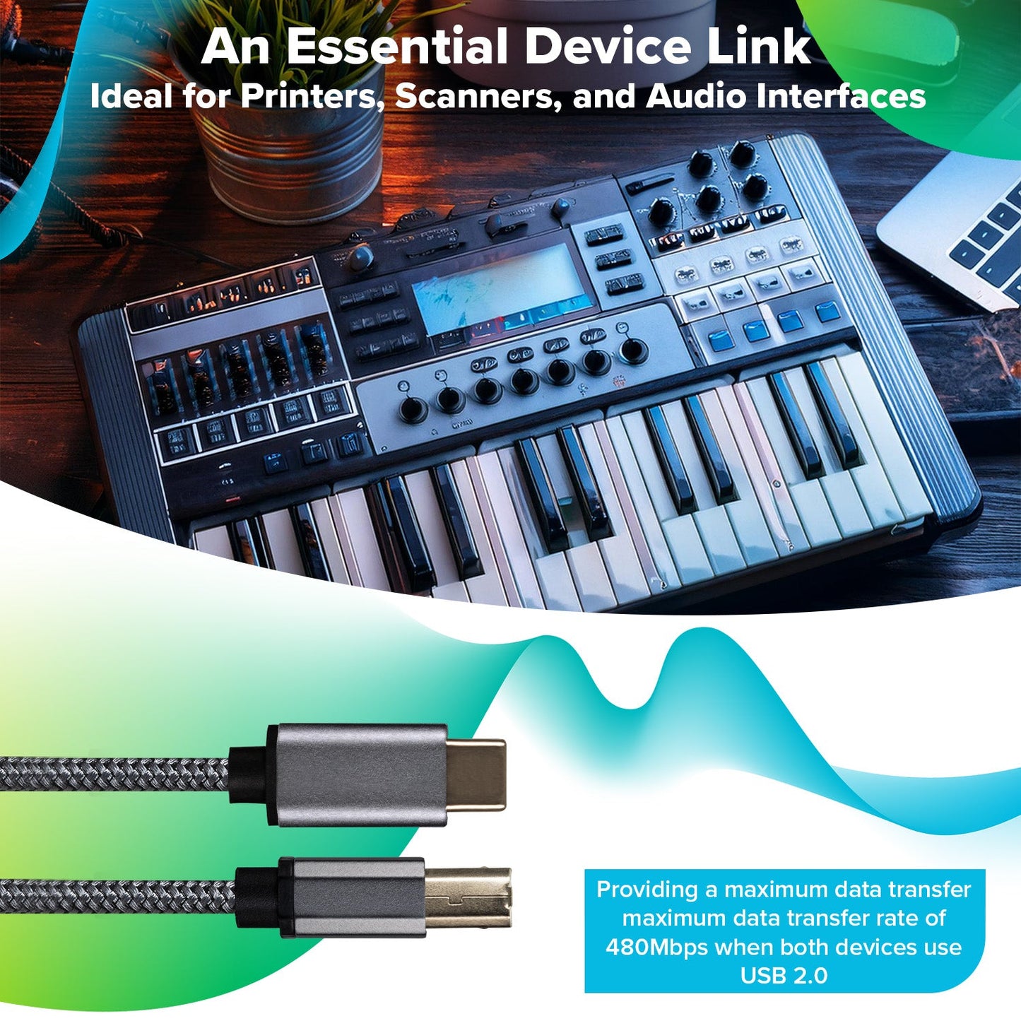 USB-C to USB-B Braided Cable - Grey, 5m