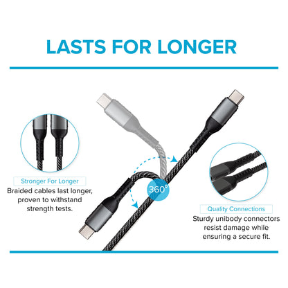 USB-C to USB-C 60W PD Braided Cable - Silver