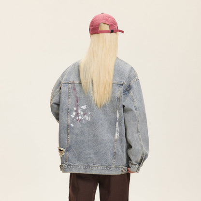 Unisex Washed Graffiti Ripped Denim Jacket - Retro