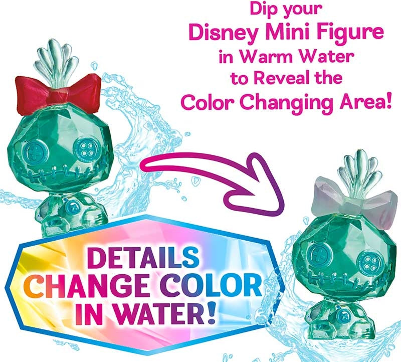 Color-changing Disney mini figure with text on a white background