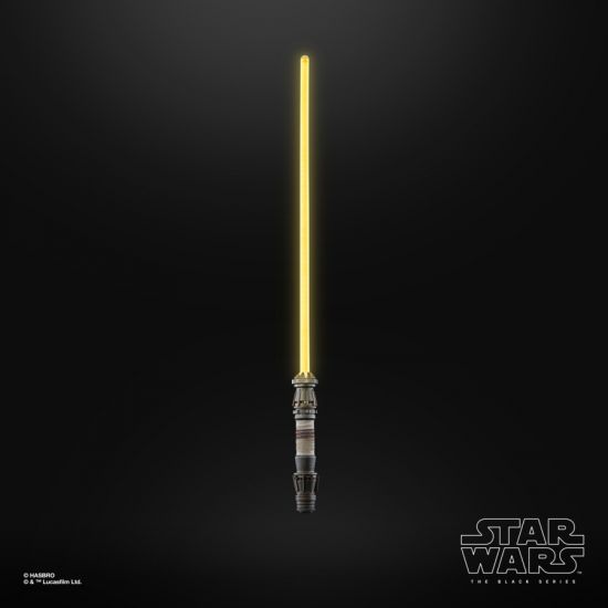 Light saber with a yellow blade on a black background, featuring the Star Wars logo.