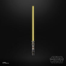 Light saber with a yellow blade on a black background, featuring the Star Wars logo.