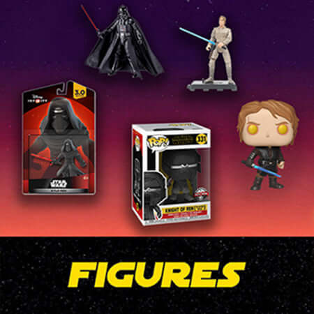 Star Wars figures including Darth Vader, a knight, and a pop vinyl figure on a gradient purple to red background.
