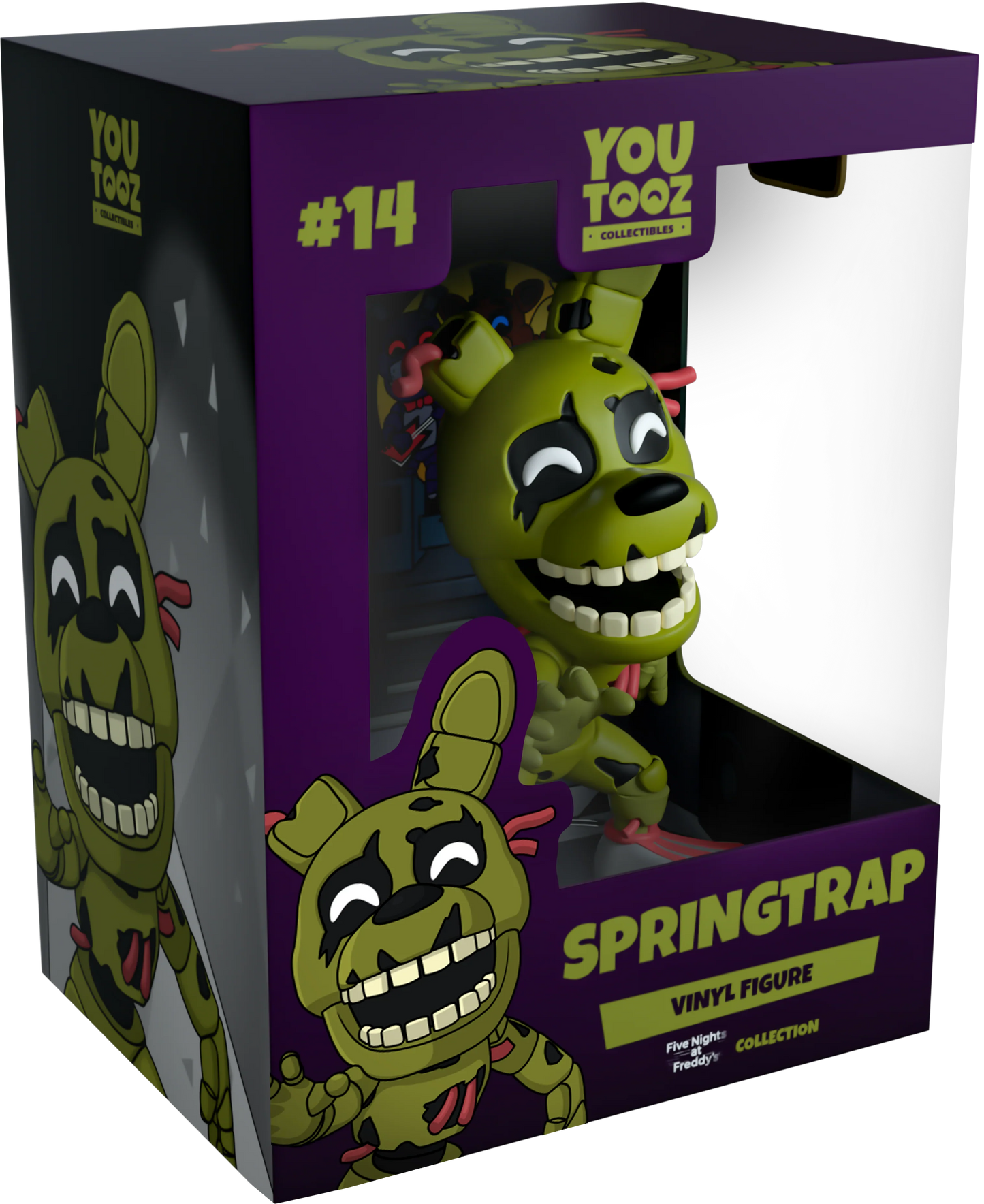 Boxed vinyl figure of Springtrap from Five Nights at Freddy's, YooTooz on a white background
