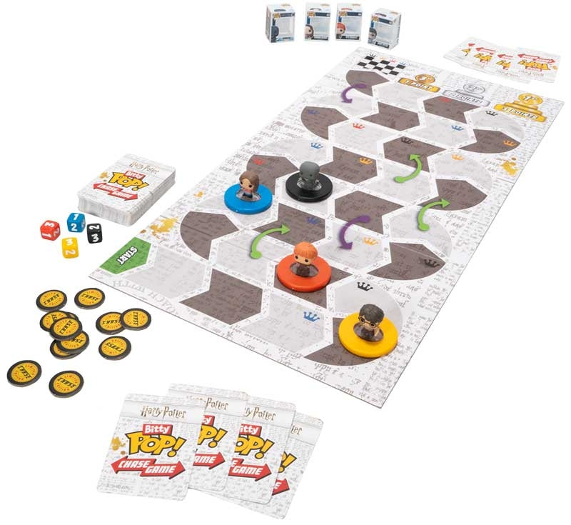 Board game set with pieces and dice on a white background
