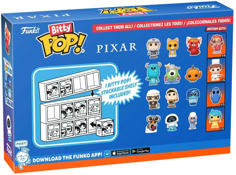 Funko Bitty Pop! Pixar collectible figures packaging with multiple figures displayed on a blue background.