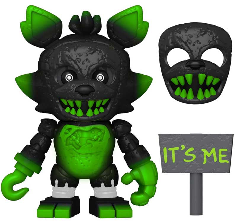 Toy figure  Phantom Foxy with green and black color scheme, holding a sign saying 'It's Me'.