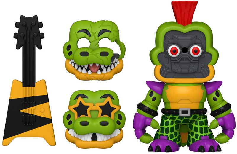 Toy figure Gator with multiple parts including a guitar, masks, and a fully assembled character on a white background.