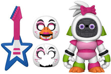Toy figure Glamrock Chica with a guitar, two masks, and a character in a white outfit with pink accents on a white background