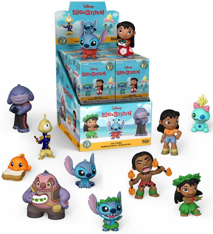 Collection of Disney Lilo & Stitch figurines with packaging on a white background