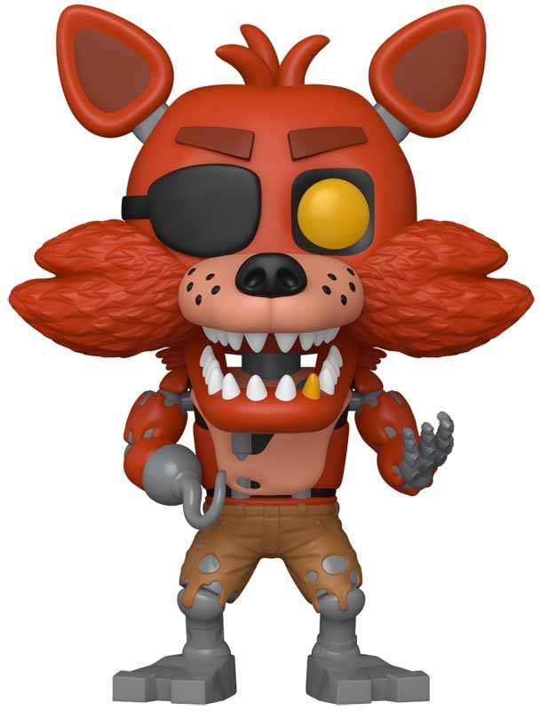 Toy figure of a red fox-like character with a black eye patch on a white background