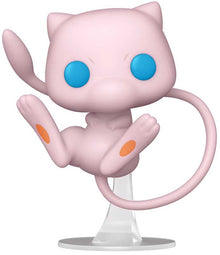 Mew figurine with blue eyes and orange spots on a white background