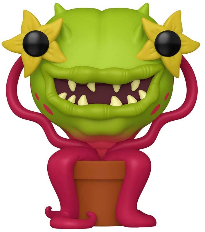 Toy figure of a green creature with yellow flower-like ears and pink body on a white background