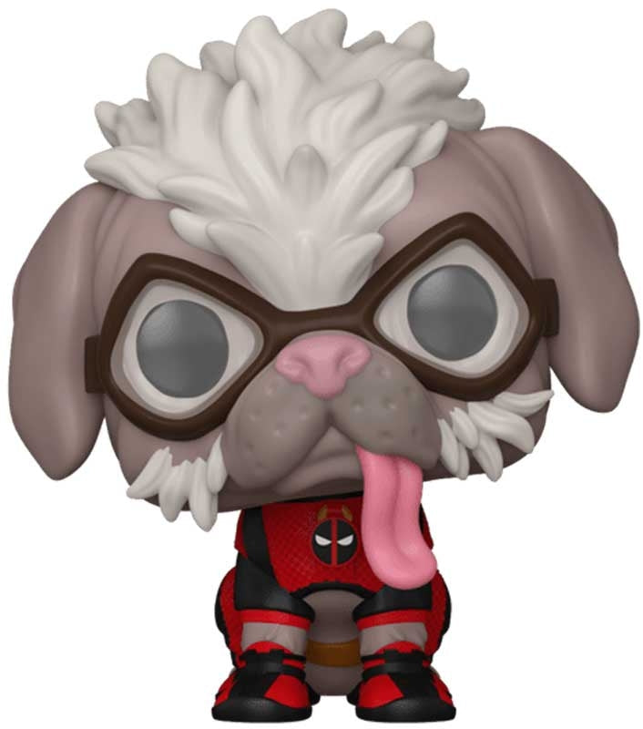 Funko Pop! vinyl figure of a dog with glasses and Deadpool costume on a white background