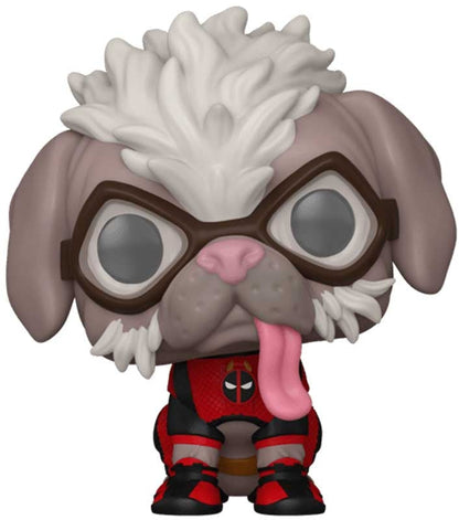 Funko Pop! vinyl figure of a dog with glasses and Deadpool costume on a white background