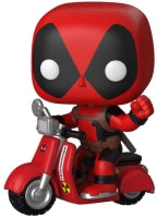 Funko Pop! vinyl figure of Deadpool a character on a scooter with a red background