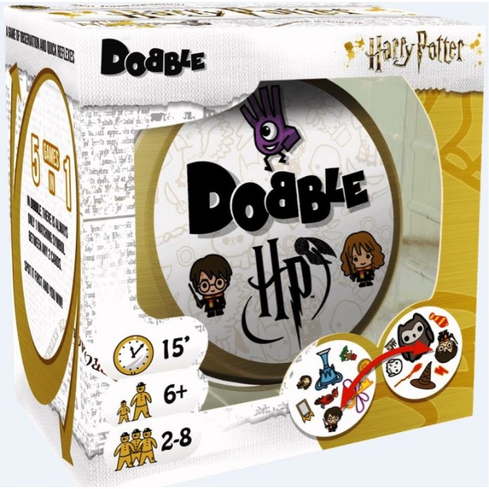 Box of Dobble Harry Potter game with branding and character illustrations.