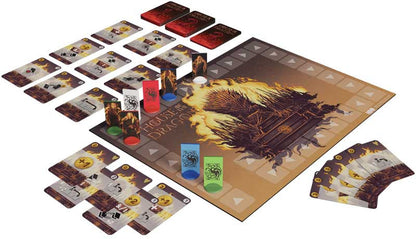 Board game setup with cards and pieces on a white background