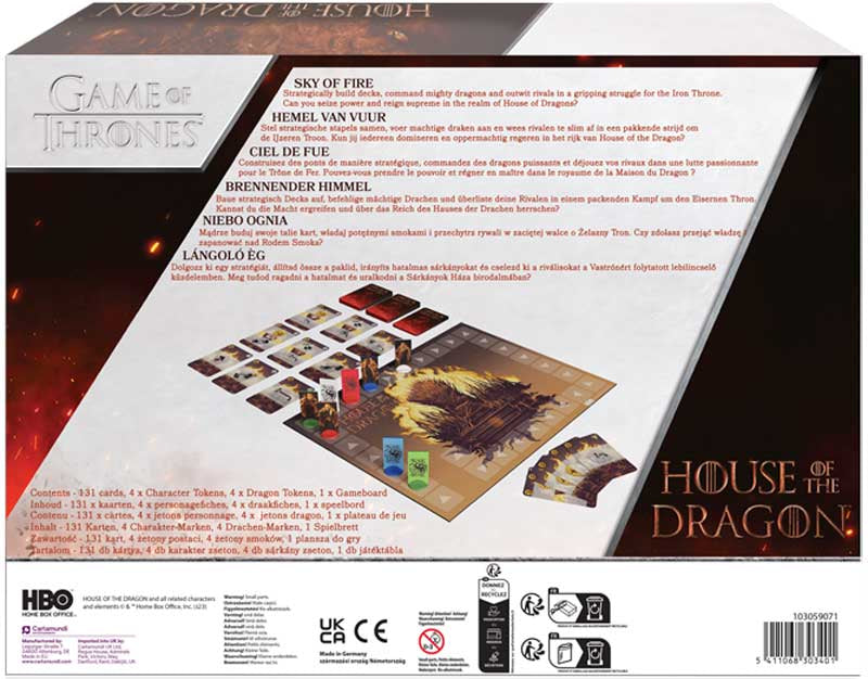 Board game box for 'House of the Dragon' from 'Game of Thrones' series, showing game pieces and layout.
