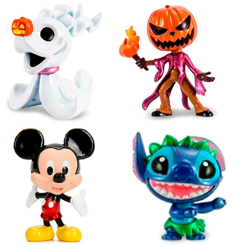 Four Halloween-themed figurines including a ghost, pumpkin character, Mickey Mouse, and Stitch on a white background.