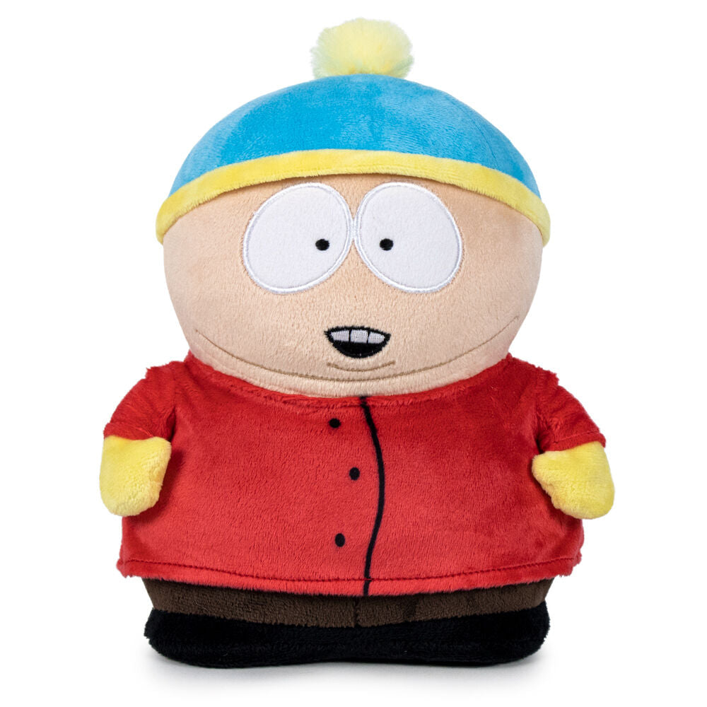 Plush toy of a character from South Park with a red shirt and blue hat on a white background