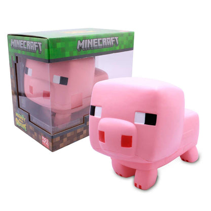 Pink Minecraft pig plush toy with packaging on a white background