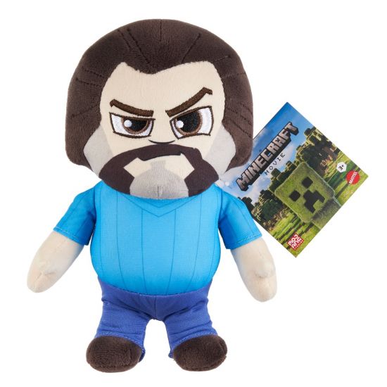 Plush toy resembling a character from Minecraft with a Minecraft game card in the background.